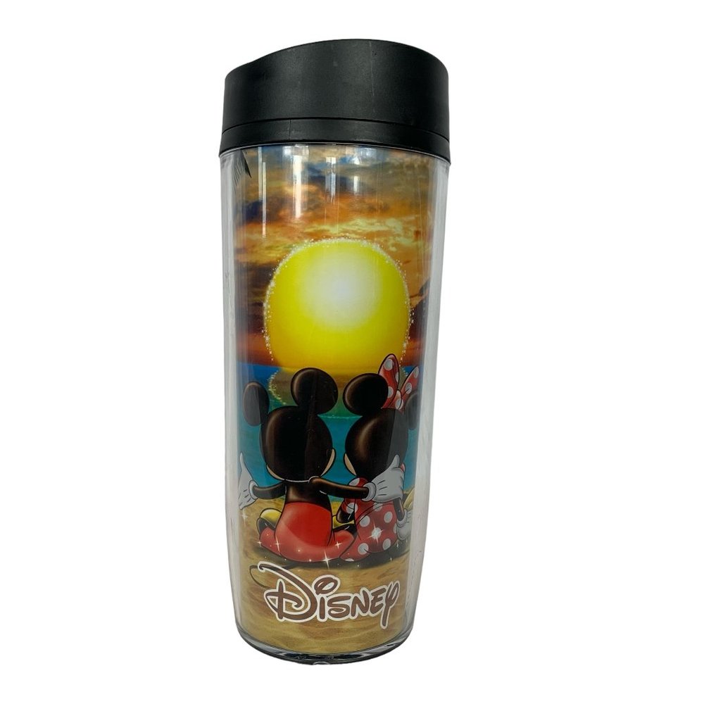 Disney Mickey & Minnie Mouse Beach Sunset Travel Tumbler Cup with Lid 16 oz